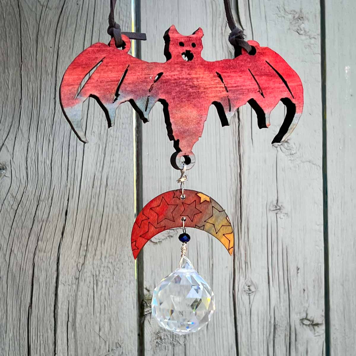 Bat Moon Suncatcher Hanging Decor; bat suncatcher; Halloween; suncatcher; decoration; home accent; Melasdesign Handmade Darkness; home decor; rainbow; witch aesthetic; bats