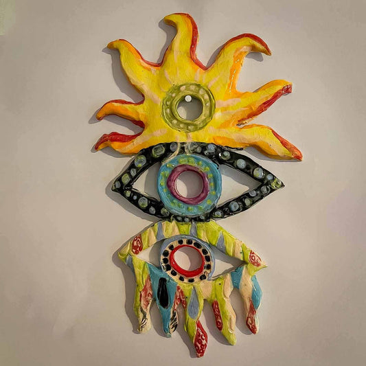 Melas Sunny Rainy Ceramic Eye Wall Art; eye art; clay; ceramic; abstract; sun; eyes; eye; art; wall hanging; wall art; Melasdesign Handmade