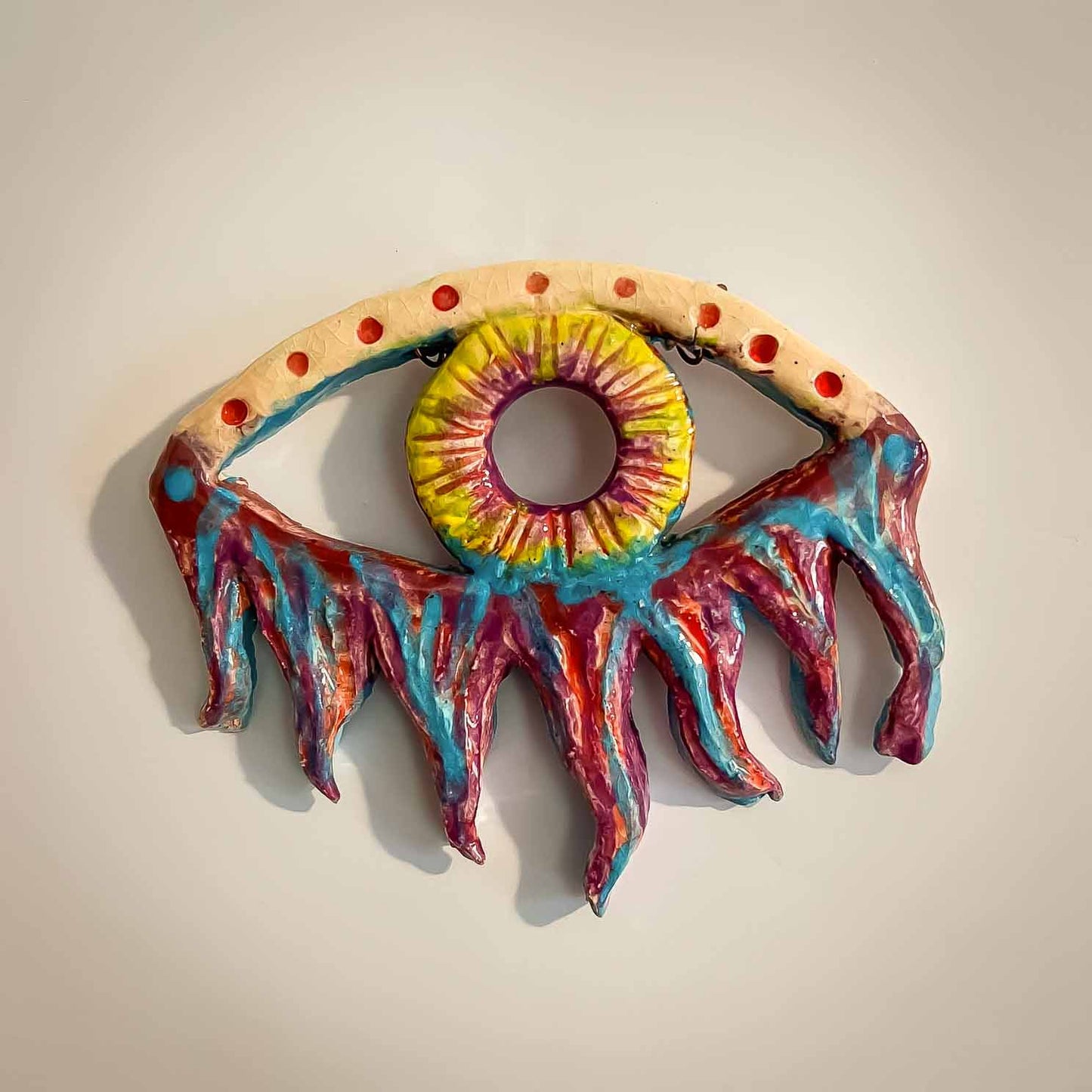 Melas Turquoise Tears Ceramic Eye Wall Art; clay; ceramic; wall decor; hanging decor; wall art; sculptural; Melasdesign Handmade; trippy; one of a kind; hand built; small; crying; tears