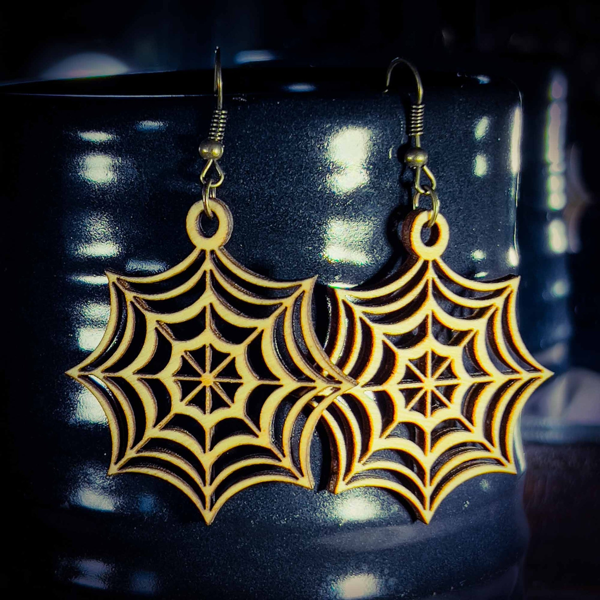 Graceful Woodcut Spiderweb Earrings; spiderweb earrings; spiderweb jewelry; jewelry; handmade; Thomas WV; Melasdesign Handmade; witchy; spooky season; Halloween; nature