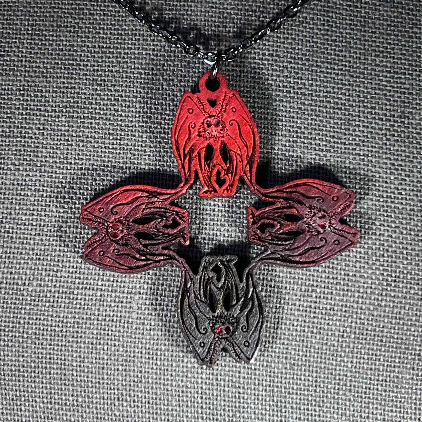 Mothman Necklace in Ombre Red to Black Cryptid Cross