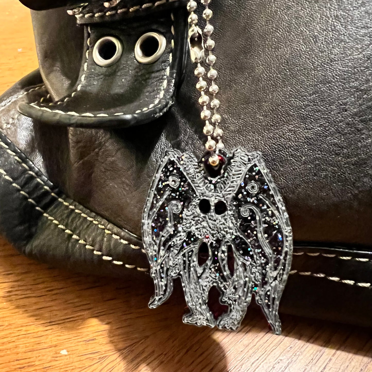 Mothman purse charm; Mothman; cryptid; fashion accessories; Melasdesign Handmade Darkness; Thomas, WV; West Virginia; gift idea; alternative 