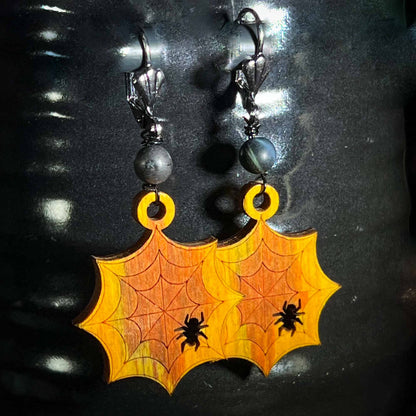 Halloween Spiderweb Earrings Orange Black Tigerseye