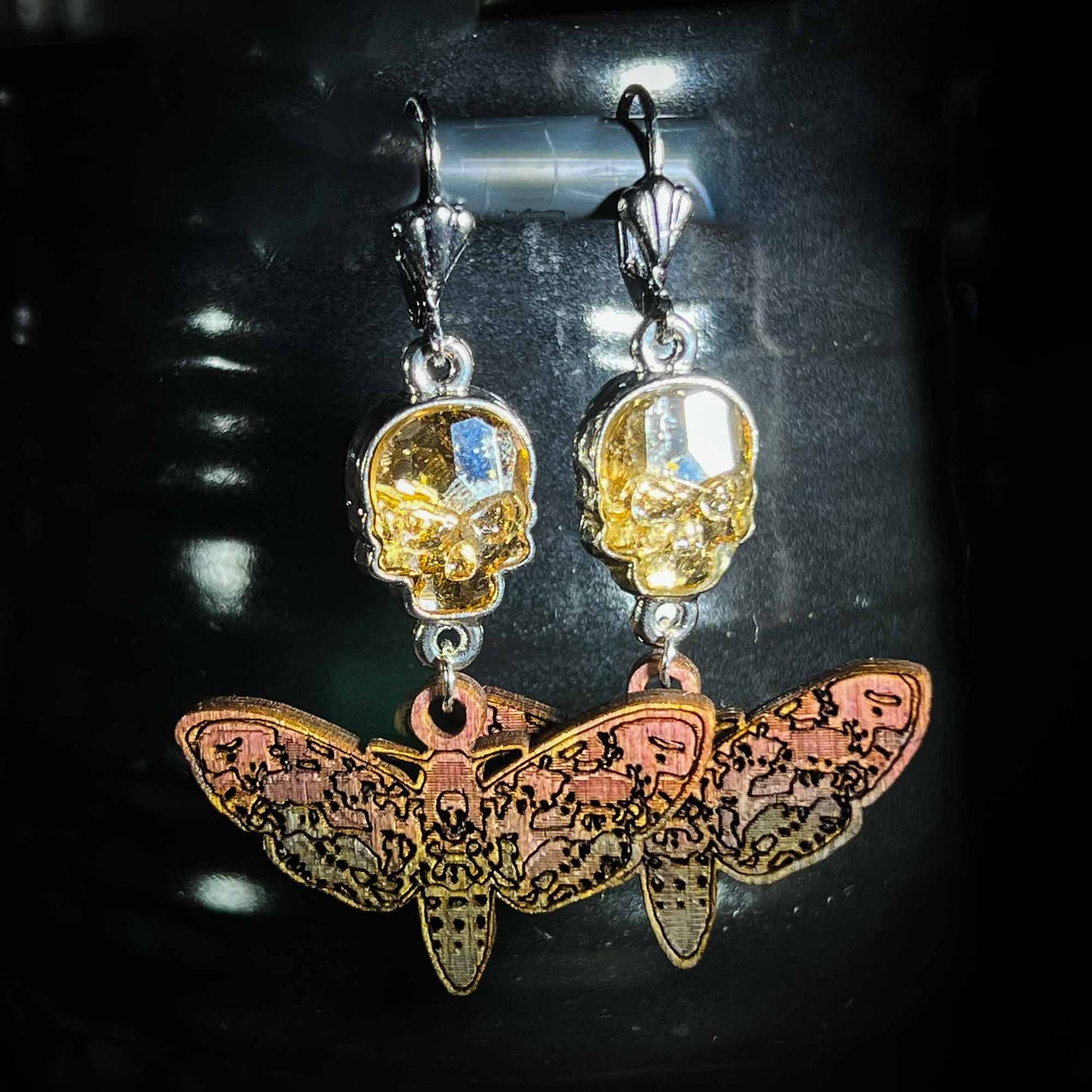 Deaths Head Moth Earrings Champagne Crystal Skulls