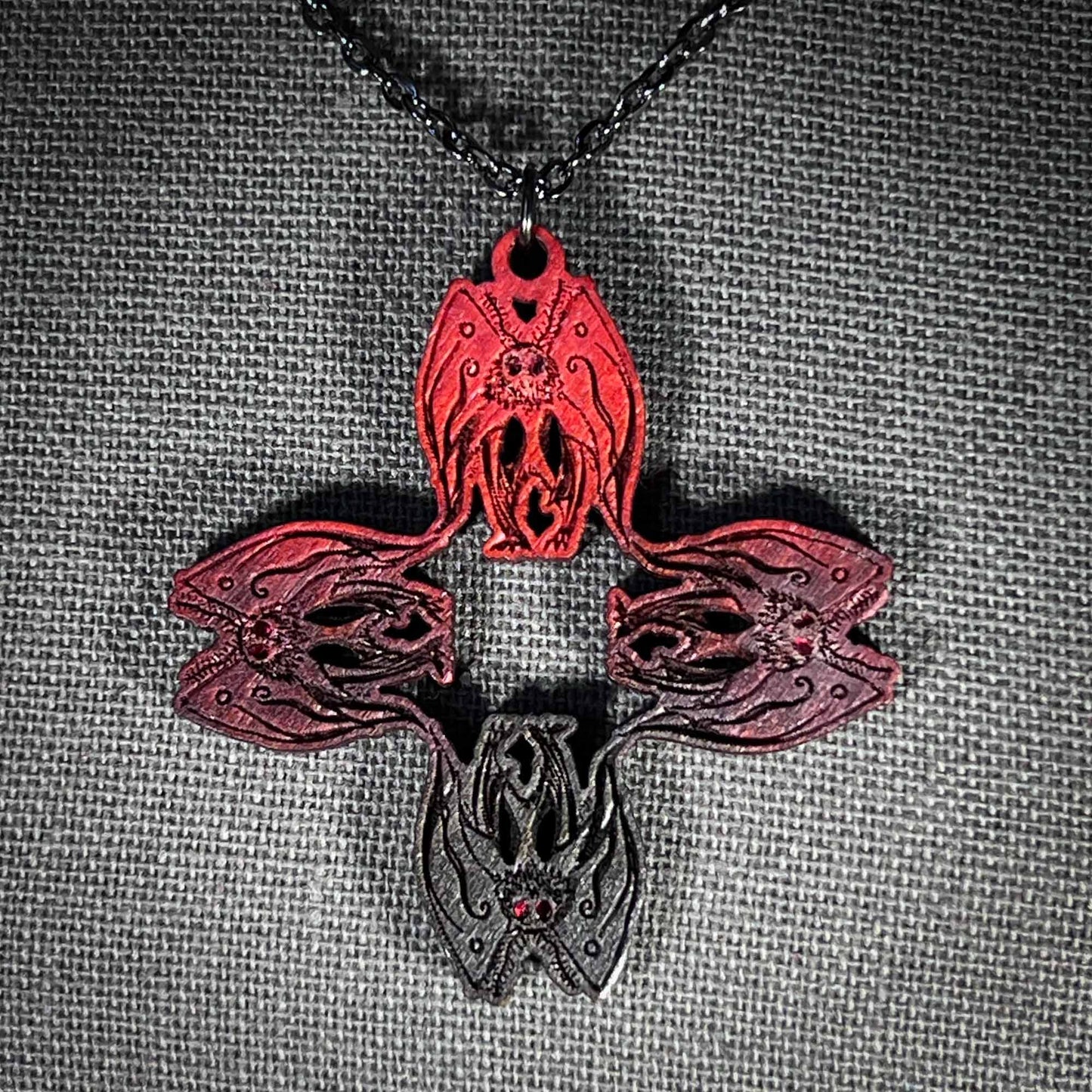 Mothman Necklace in Ombre Red to Black Cryptid Cross