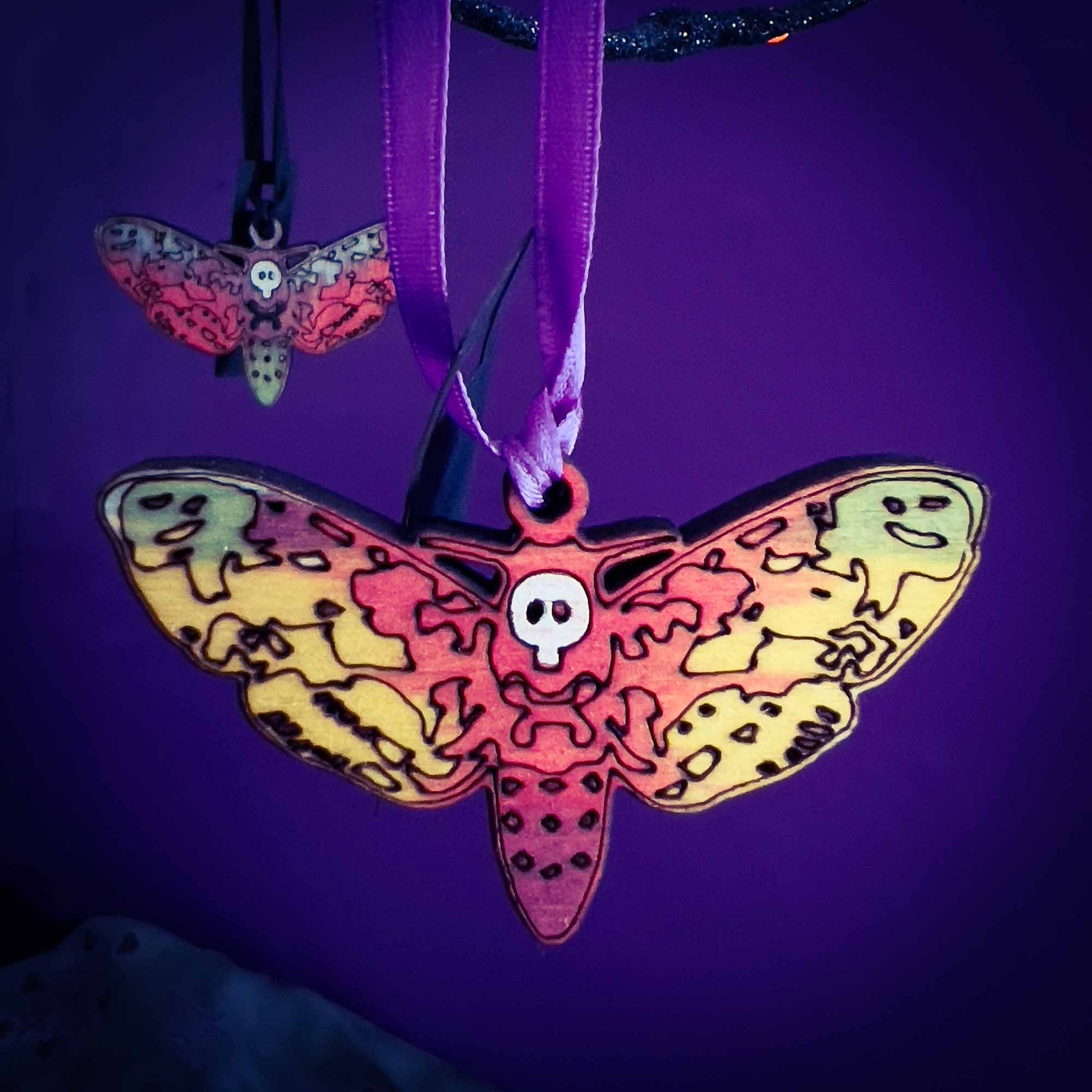 colored wood; deaths head moth; ornament; hanging decor; gothic; witchy; alternative; nature; Melasdesign Handmade; small business; Thomas WV; Halloween