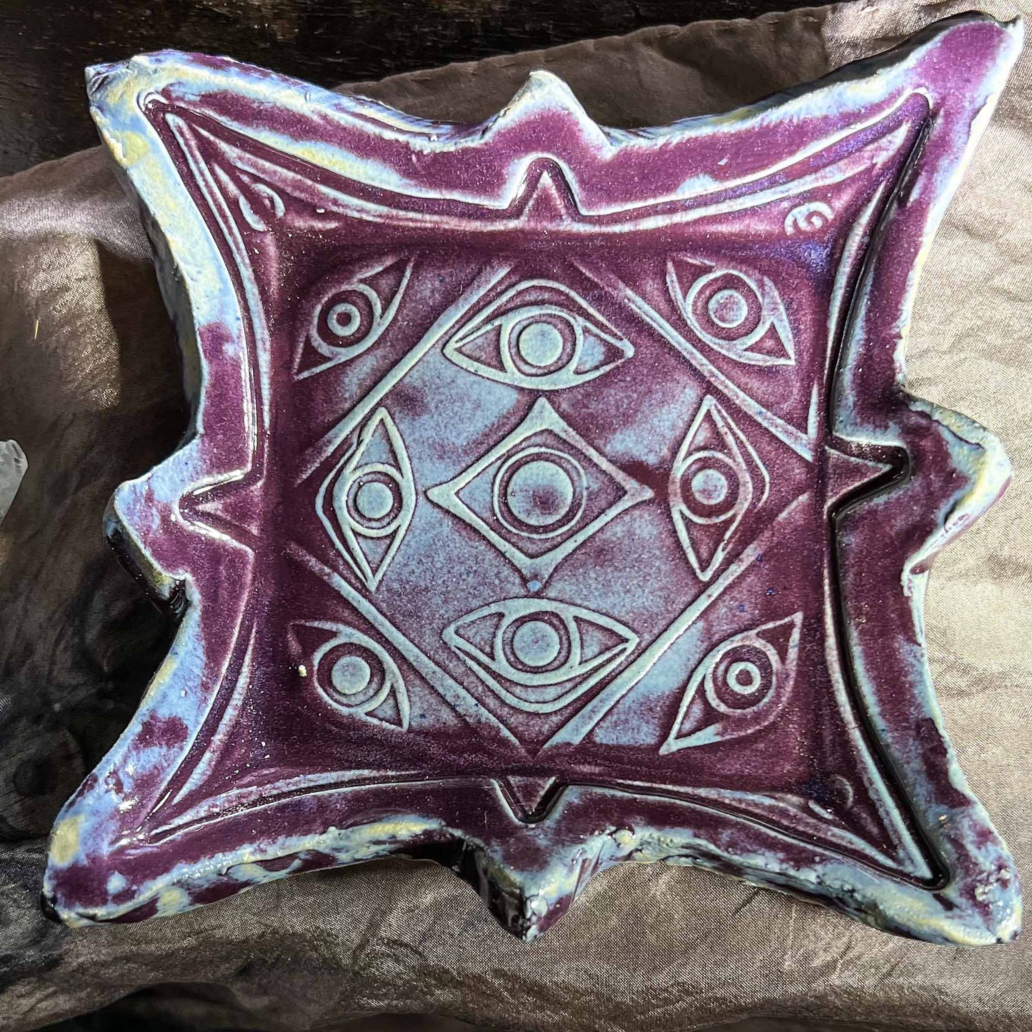 Mela’s Eye Pattern Plate in Purple to Blue; art and decor collection; ceramic plate; handmade; eye pattern; Melasdesign Handmade; artist Susan Hicks; Thomas WV; witchy; decor accent; small; plate; tray; handmade art