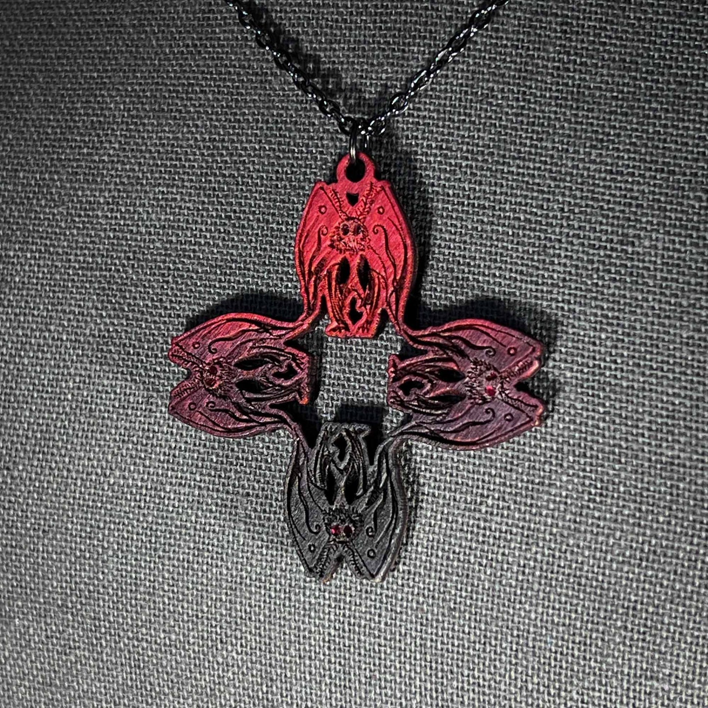 Mothman Necklace in Ombre Red to Black Cryptid Cross