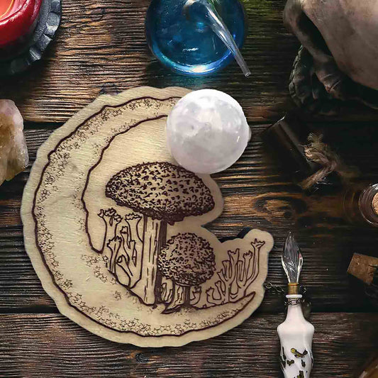 Crescent Moon Mushrooms Crystal Ball Stand; crystal ball holder; crystal sphere stand; crescent moon; mushrooms; Melasdesign Handmade; Thomas WV; home decor accents; WV mushrooms; witchy things; gift idea; shop small