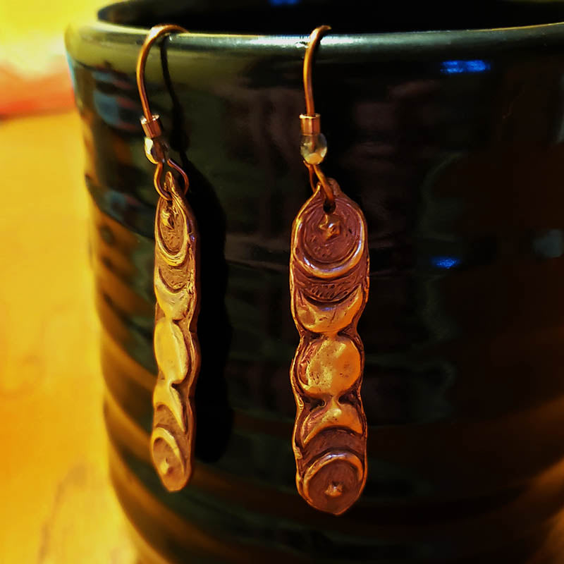 moon; jewelry; earrings; moon phase; triple goddess symbol; handmade; copper