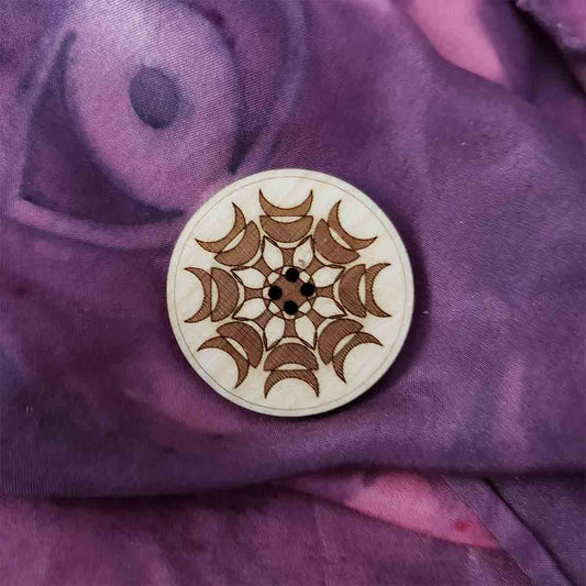 moon phase pattern button; wood; Melasdesign Handmade Darkness; pagan; witchy; made in usa