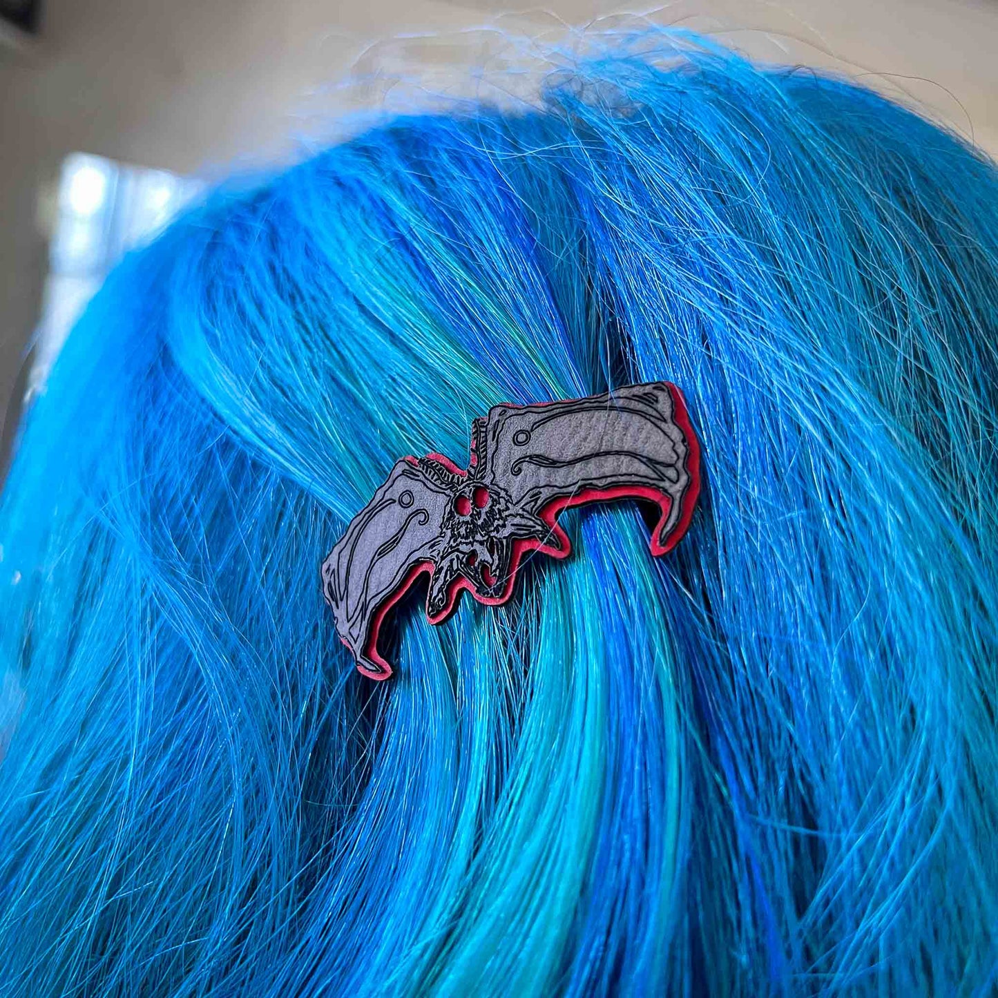 Mothman Barrette Gray Red Black French Style; small mothman barrette; Mothman hair accessories; Cryptid Collection; Melasdesign Handmade Shop; Thomas WV; flying; Mothman; monster; Cryptid