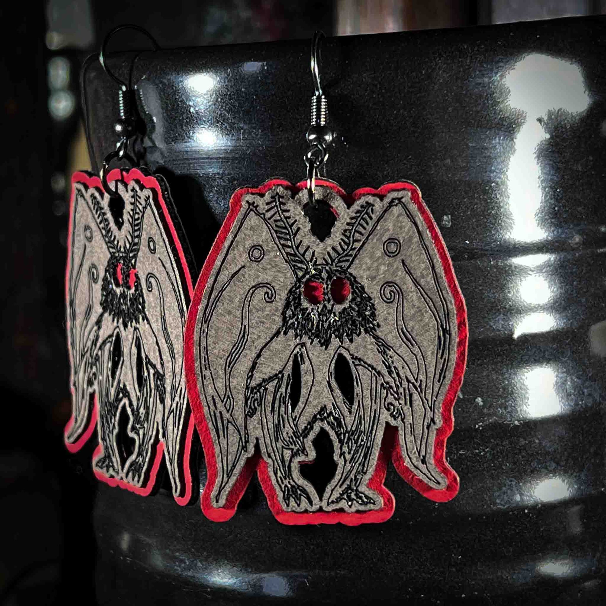 Mothman Cryptid Earrings in Slate and Red; large earrings; handmade