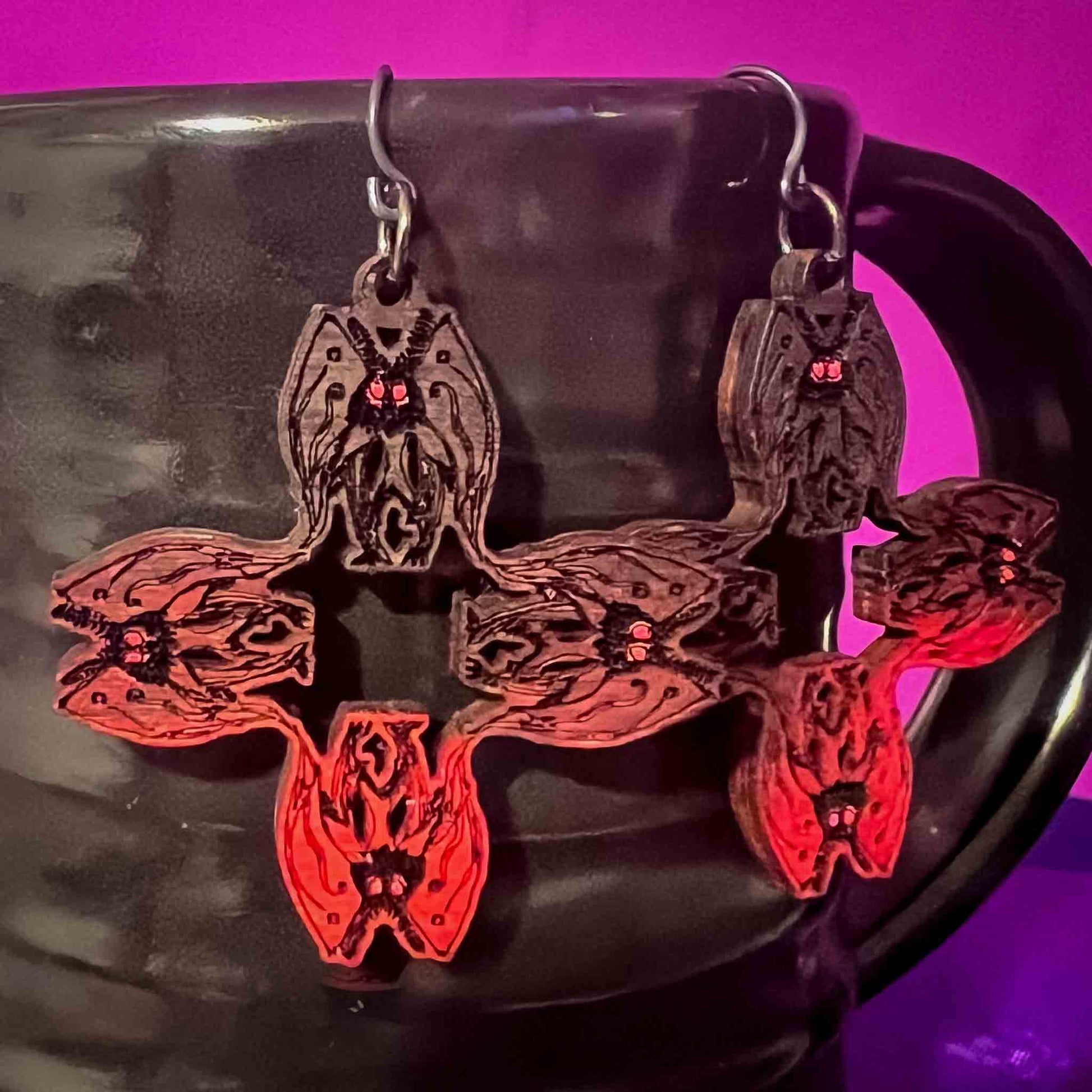 Mothman; earrings; jewelry; wood; red black; ombre; cryptid collection; west virginia; dangle; wood