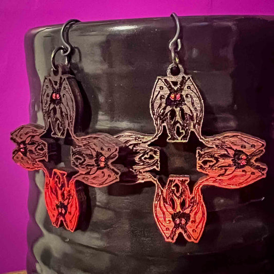 Mothman Cryptid Earrings Dyed Ombre Red to Black Smallish; Melasdesign Handmade Shop; Thomas WV; cryptid core; jewelry; earrings; mothman; gothic; monster; paranormal