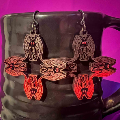 Mothman Cryptid Earrings Dyed Ombre Red to Black Smallish
