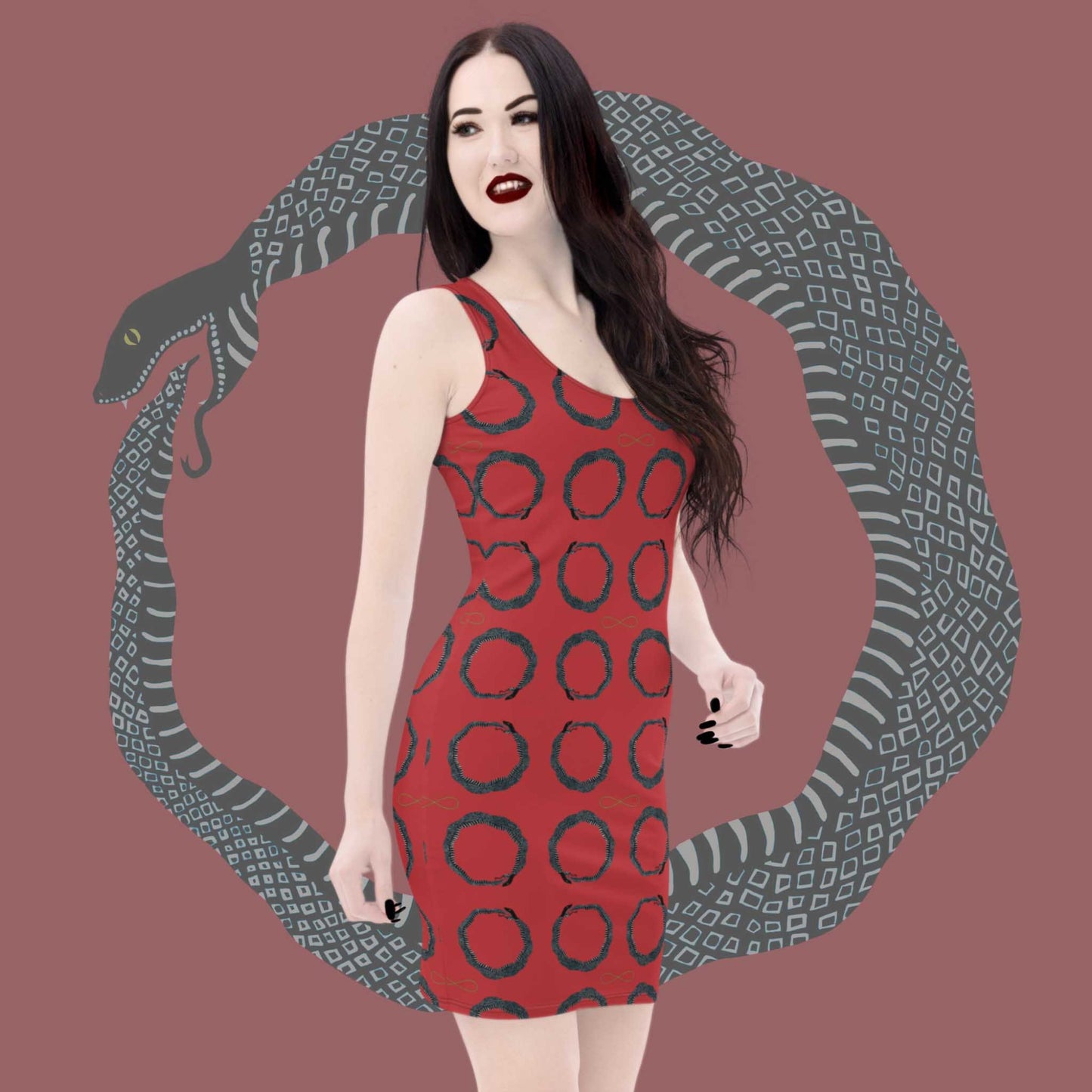 Ourorboros Pattern Bodycon Dress; gothic; goth; dresses; mini-dress; sleeveless; scoop necked; snake; red and black; Melasdesign