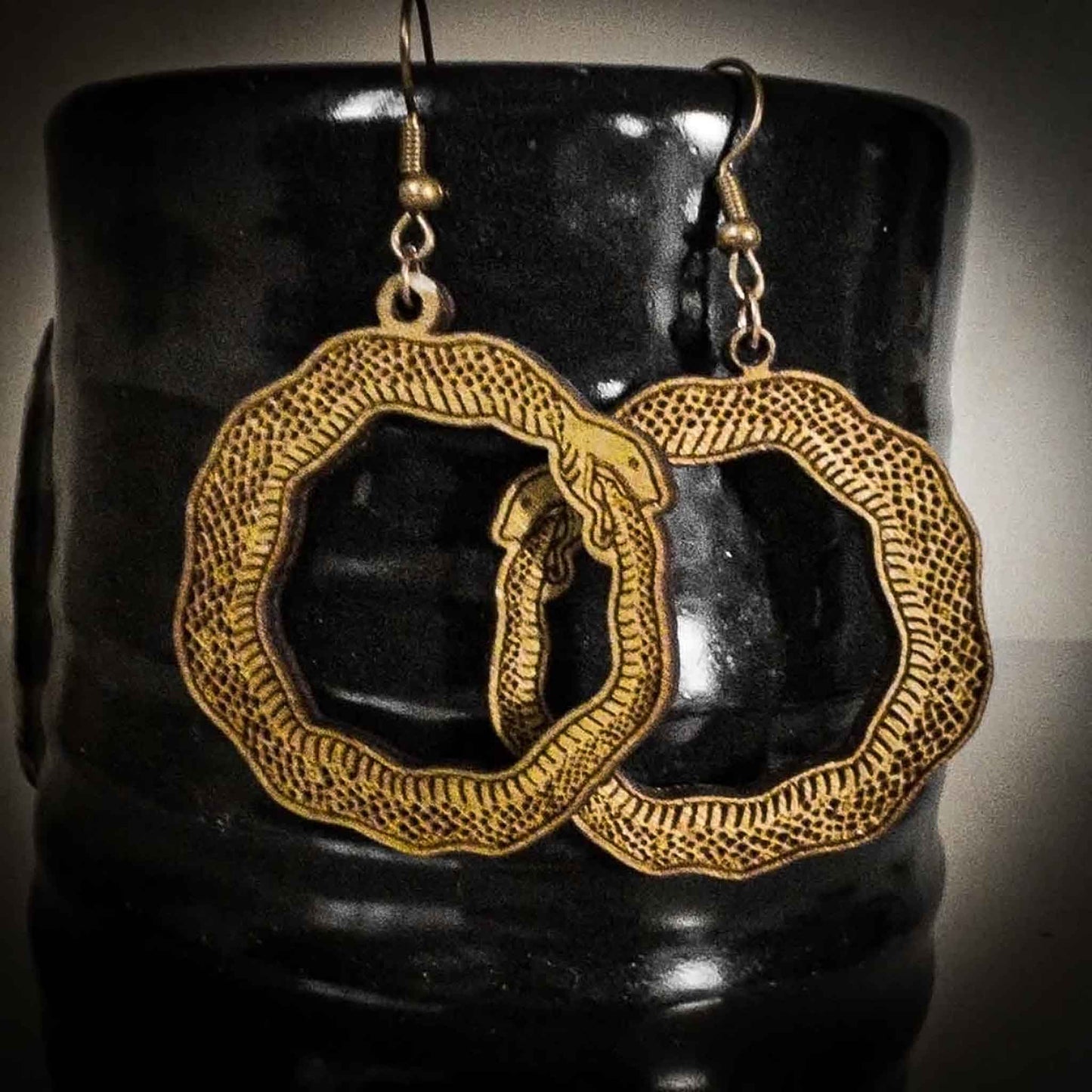 Ouroboros Snake Biting Tail Earrings Green; snake earrings; snake jewelry; ouroboros earrings; oroborous jewelry; pagan jewelry; gothic earrings; Melasdesign Handmade Darkness