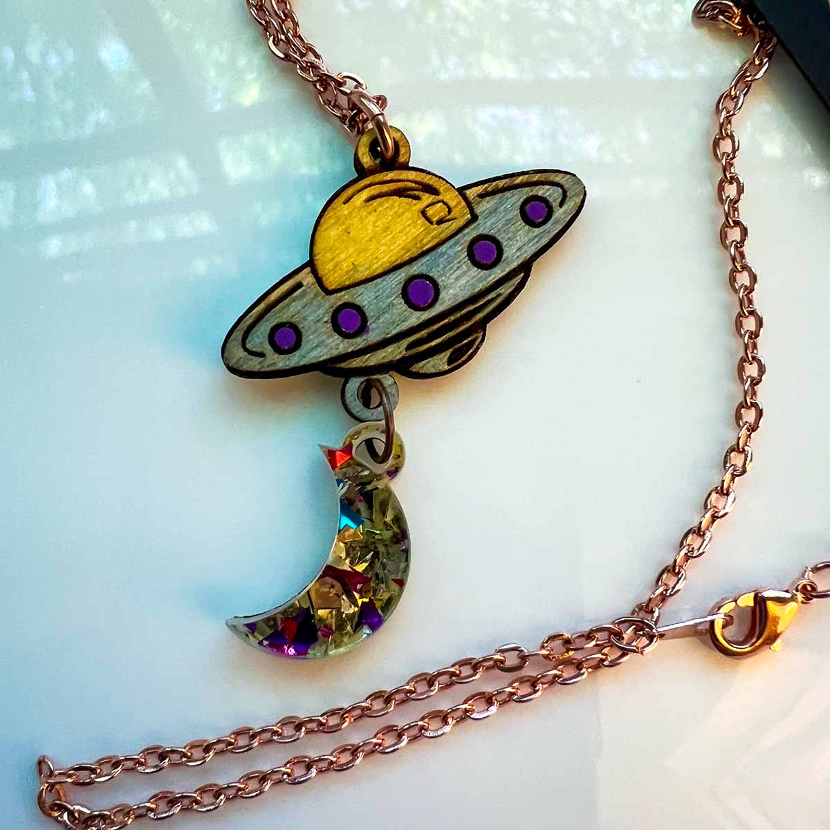 UFO Moon Necklace Paranormal Scifi; Melasdesign Handmade; Thomas, WV; UFO jewelry; Cryptid Collection; sci-fi necklace; sci-fi jewelry; 