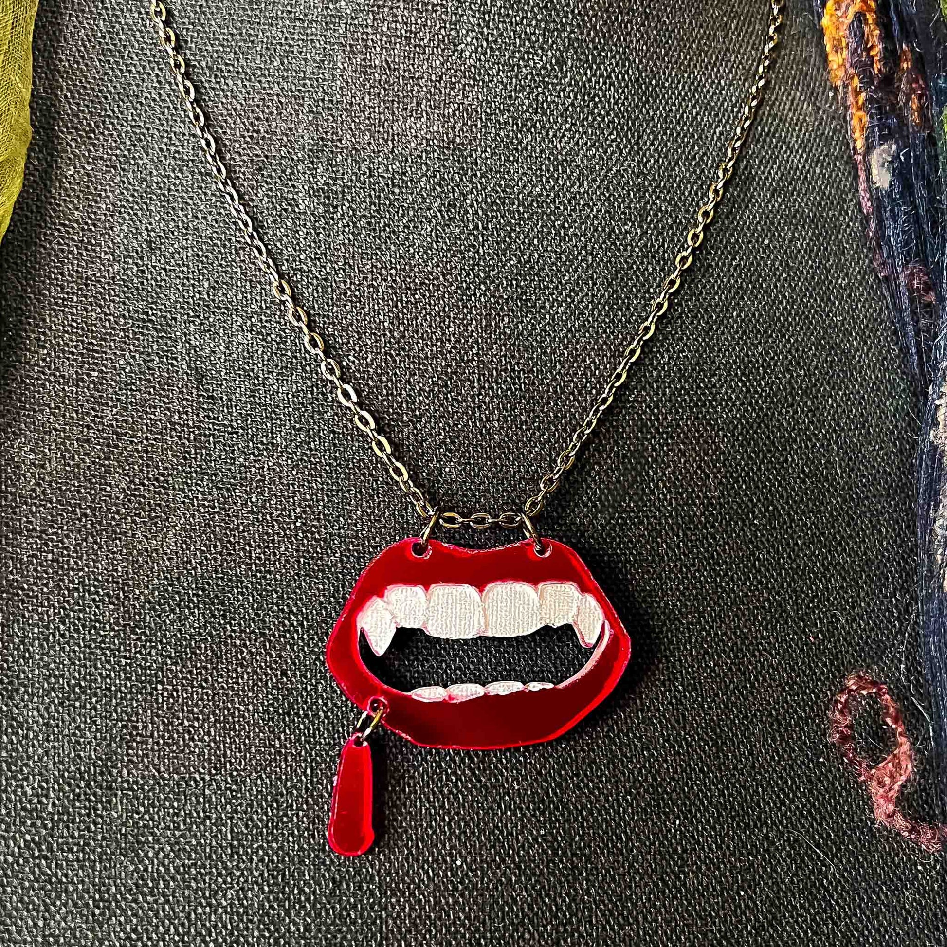 dripping vampire mouth necklace; Melasdesign Handmade; spooky; alternative; pendant; necklace; jewelry; shop small; gift idea