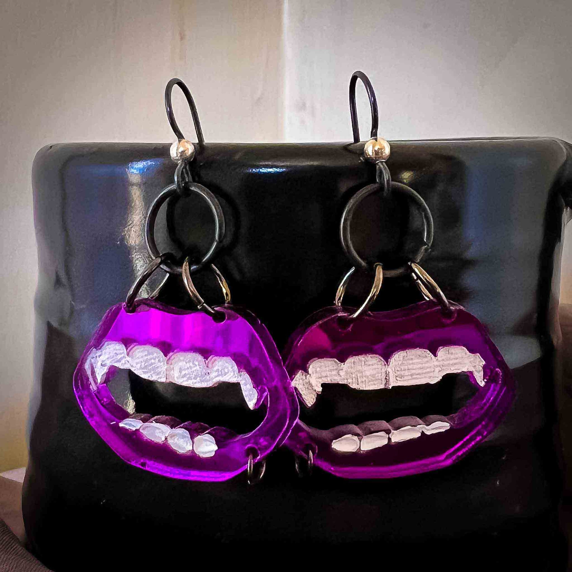 Purple Vampire Mouth Earrings Lip Piercing; Melasdesign Handmade; vampire jewelry; vampire earrings; gothic; Melasdesign Handmade; Thomas WV; vampire mouth; goth; purple; pierced; Halloween