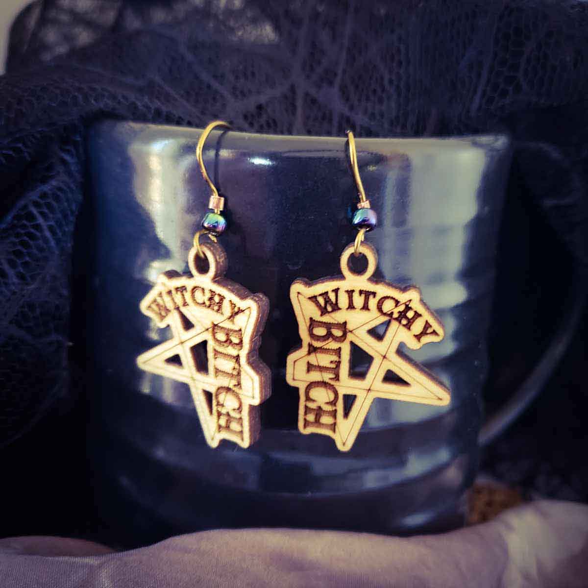 witchy bitch earrings; society bitch earrings; pentagram earrings; Melasdesign Handmade Darkness; witchy jewelry; gift for witches